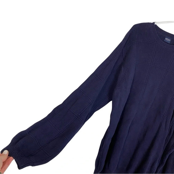 Grandpa Oversized Sweater Mens XL Tall Navy Blue Pullover Windowpane Crewneck - Picture 4 of 6